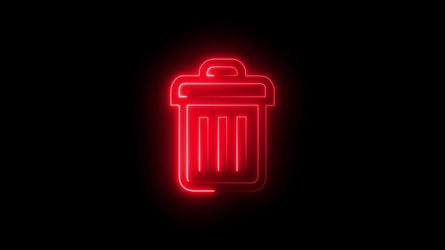 Neon red color glowing waste basket icon delete concept animation 4k video on black background.