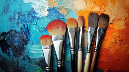 Fototapeta premium Six paintbrushes with colorful bristles on thick textured blue and orange oil paint background, vibrant creative energy