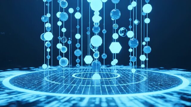 Abstract blue 3d futuristic technology background with glowing orbs and grid