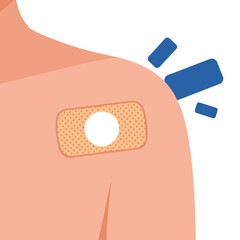 A vibrant illustration depicts a nicotine patch on a shoulder with a 'Health Quit' message. Bold blue accents highlight the warning. Clean, modern style.