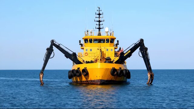 A large yellow dredging vessel with two robotic arms is positioned on the calm blue sea under a clear sky.