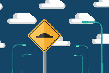 A vibrant speed hump warning sign stands prominently against a dark blue sky filled with fluffy clouds. Streetlights illuminate the scene, creating a modern, graphic design. © Vector Factory