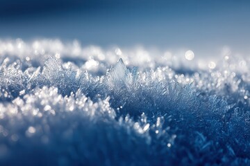푸른 빛이 감도는 겨울 아침의 미세한 얼음 결정과 하얀 서리가 맺힌 클로즈업 매크로 사진으로 차갑고 신비로운 겨울의 질감을 생생하게 보여주며 보케 배경과 함께 아름다운 자연의 신비를 예술적으로 담아낸 이미지입니다.