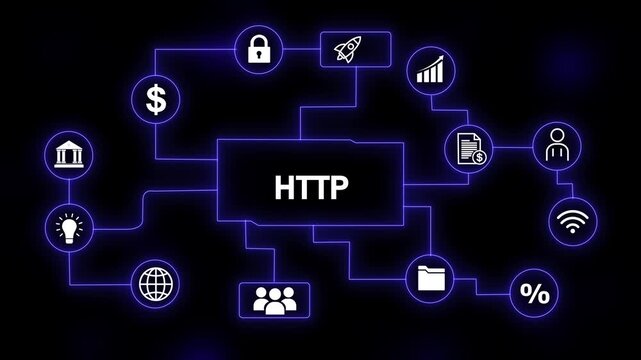 HTP protocol diagram with interconnected icons on a black background 4k animation video
