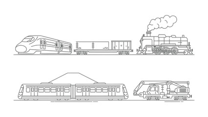 Evolution of Transportation:  A detailed line drawing showcases the evolution of locomotives, representing the progress and innovation in the transport industry. © Abu