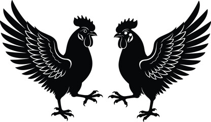 Two Black Rooster Cockfighting Stencil Vector Illustration Featuring Stylized Gamefowl With Open Wings Isolated On White Background For Traditional Sports And Cultural Symbols © MDRAZIURRAHMAN