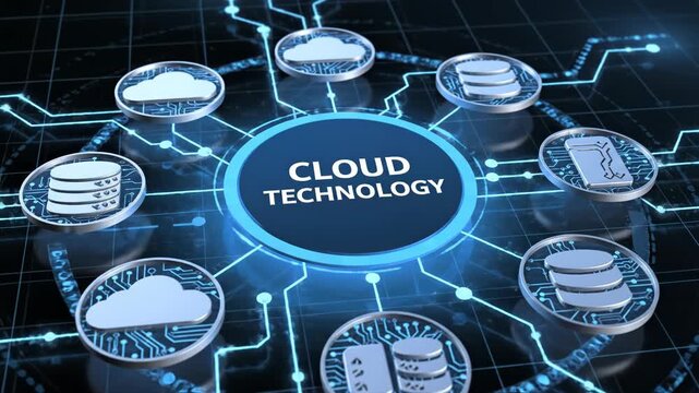 Cloud technology concept with circuit board and icons on a dark background