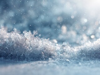햇살 아래 반짝이는 눈 결정체와 얼음 입자들이 가득한 환상적인 겨울 배경의 매크로 촬영 이미지로 차가운 파란색 톤과 아름다운 보케 효과가 돋보이는 추운 날씨의 풍경입니다.