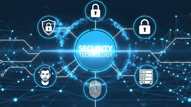 Security technology concept with lock icons and biometric authentication on a dark background