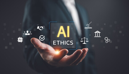 Businessman showing AI Ethics hologram with legal and social icons. Concept of responsible artificial intelligence, digital moral standards, governance, and technology regulations in business.