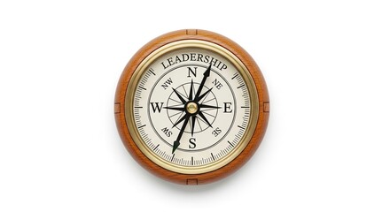 Vintage wooden brass compass, leadership inscribed, minimalist white background, leadership Concept