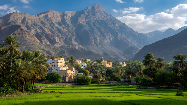 View of Balad Sayt mountain village, green rice fields and palm trees in Wadi Bani Awf, Oman, with mountain view. illustration of mountains background in oman.