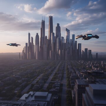 &ldquo;Detailed sci-fi city skyline at dusk, flying vehicles and glowing architecture, cinematic lighting.&rdquo; Professional stock photography, ultra high resolution, 16K quality, sharp focus, noise free, verti