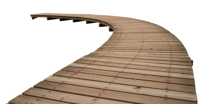 Curved wooden bridge or walkway on white background isolated on a transparent background