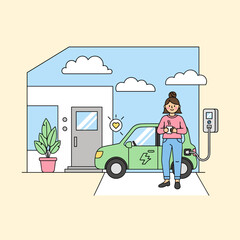 Flat Vector Electric Car Home Charging Scene