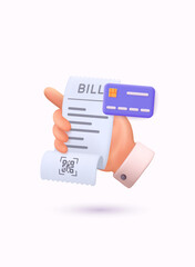 3D illustration of hand holding paper bill receipt with QR code and credit card, online payment and finance concept isolated on light background.