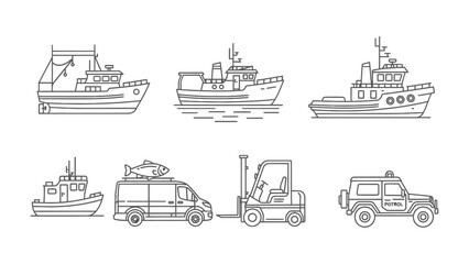 Ocean Vessels Line Art Illustration: A collection of various maritime vessels and vehicles, depicted in clean line art style, offering a versatile visual for transport and marine themes. © Murshida