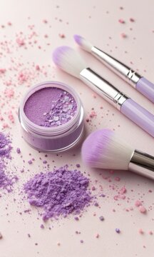 Vibrant purple makeup powder spilling from a jar with fluffy brushes and scattered pigment on a soft pink surface.