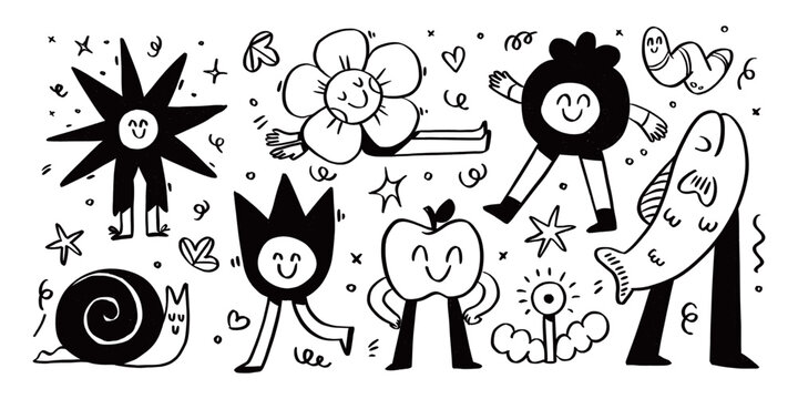 Cute Nature Doodle Characters Set