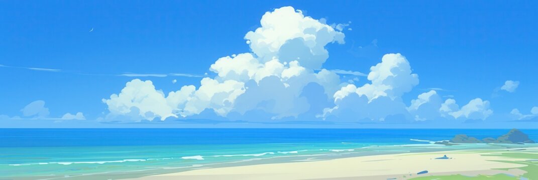 Malownicza ilustracja w stylu anime przedstawiająca tropikalną plażę z białym piaskiem, turkusową wodą i wielkimi chmurami na jasnoniebieskim niebie.