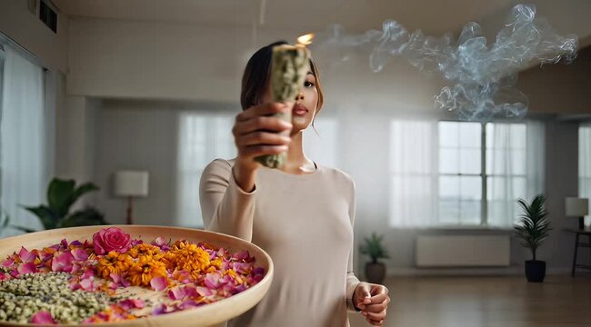 Serene Ritual: A person performs a calming ritual, wielding a smoking bundle amidst fragrant flower petals and smoke, invoking tranquility and peacefulness.
