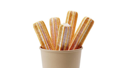 Churros dusted with powdered sugar in a cup