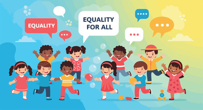 Diverse children celebrating Zero Discrimination Day with equality speech bubbles around them in a colorful illustration