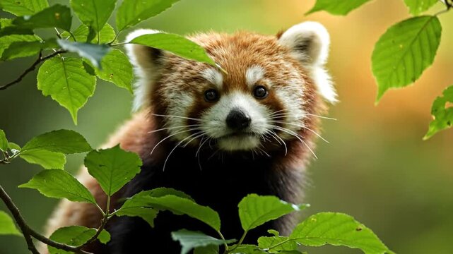 Adorable Red Panda Peeking Out Through Lush Green Leaves in a Forest Habitat