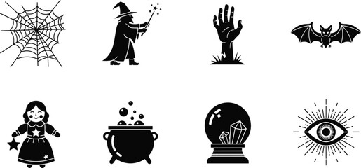 Halloween silhouette collection featuring magic crystal ball bubbling cauldron wizard with wand all seeing eye spooky doll and zombie hand rising for holiday design © Itz  Parvin