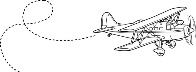 Retro Biplane Aircraft Vector Line Art Illustration with Dashed Flight Path Loop for Vintage Aviation Travel Adventure and Historical Propeller Airplane Design Template © Nasima