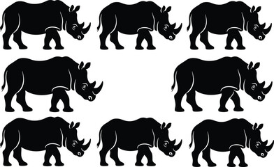 Rhinoceros silhouette collection in side view poses, wild African safari animals isolated on white background, detailed black rhino illustration set © Nasima