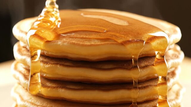 Golden syrup drizzled over fluffy pancake stack