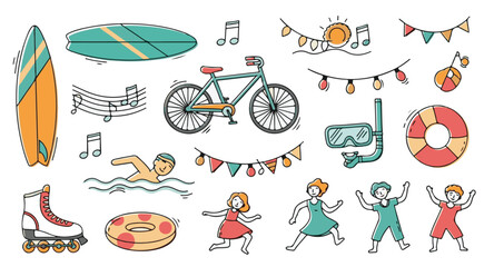 Summer Sports and Outdoor Activities Doodle Set, Hand Drawn Colorful Elements of Surfing, Cycling, Roller Skating and Swimming Vector Illustration