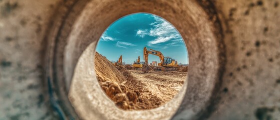 Fototapeta premium The Excavator Framed by a Large Concrete Pipe on a Sandy Construction Site