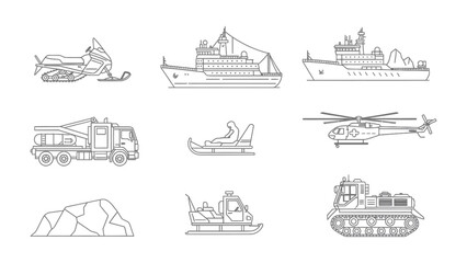 Diverse Transport Icons: A set of transport icons including different modes of transport for exploration and adventure. Perfect for travel or exploration themes. © abidakhatun