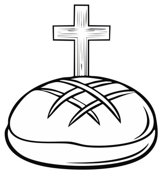 Prosphora bread and cross religious symbol line art illustration for Eastern Orthodox Christian traditions