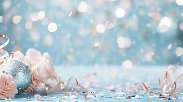 Bright confetti and shiny decorations cover a table. The setting shows items for a birthday celebration. There are small items and streamers spread around a central decoration piece