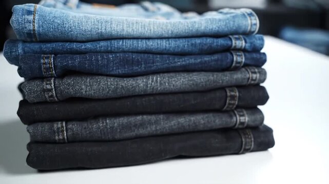 Stack of folded blue denim jeans in various shades of blue and grey showcasing texture and fabric detail in a closeup shot.