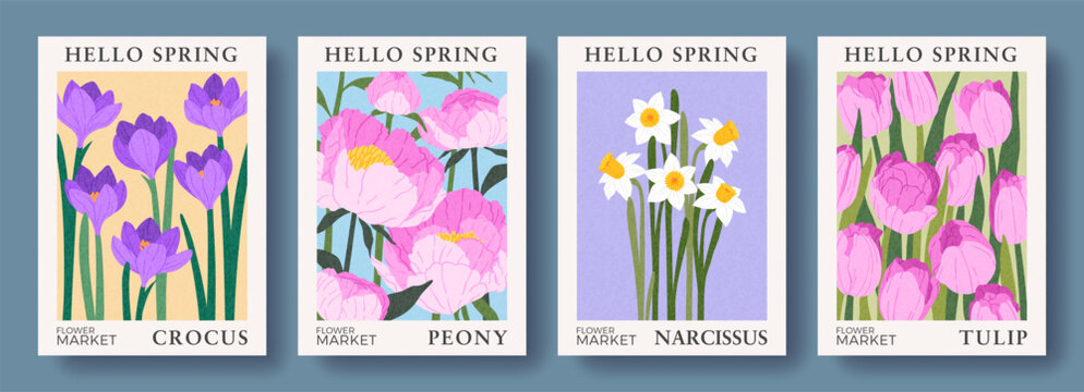 Hand drawn botanical set of posters with spring flowers. Vintage natural illustrations with narcissus, tulip, crocus, peony. Modern design for Mother's Day, Easter, Women's Day, home decorations