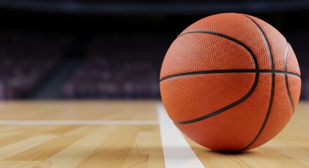 Obraz premium March Madness, Close up of orange basketball on wooden court with blurred stadium background