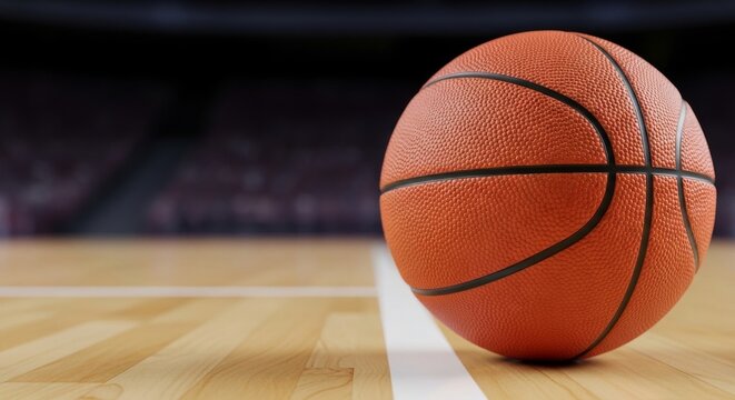 March Madness, Close up of orange basketball on wooden court with blurred stadium background