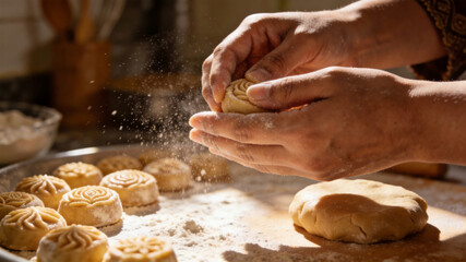 Hands preparing traditional holiday pastries in a cozy kitchen, highlighting cultural heritage, festive traditions, and homemade culinary craftsmanship.