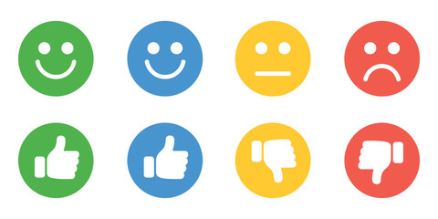 Emoticon icons vector illustration, circular faces and hands showing emotions and opinions, happy, neutral, sad, thumbs up and thumbs down symbols flat design. © Ayat 03