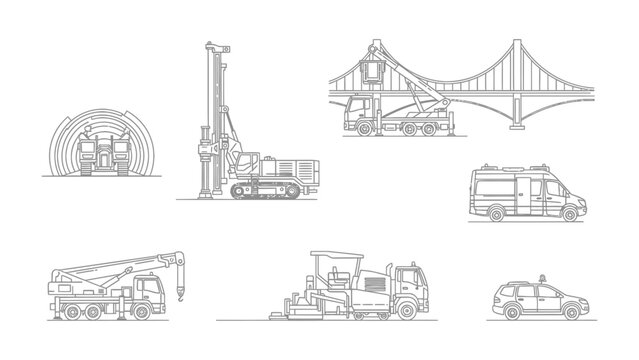 Construction Vehicles and Bridge Illustration: A minimalist illustration of various construction vehicles and a bridge, perfect for design and educational uses.