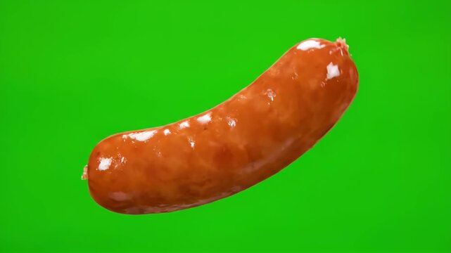 A mouth-watering, perfectly cooked sausage rotates slowly against a bright green screen, ideal for culinary projects and advertisements requiring isolated food items.