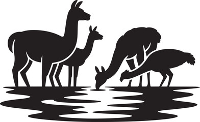 Minimalist silhouette of llama family drinking from water hole in desert landscape vector © Mokbul