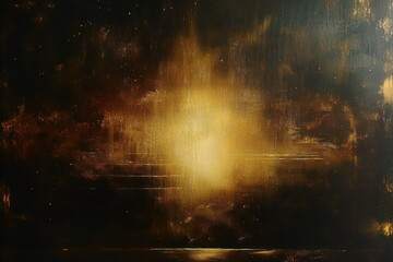 Fototapeta premium golden luminous orb breaking through dark textured clouds above a calm reflective waterline, evoking a serene and mysterious atmosphere