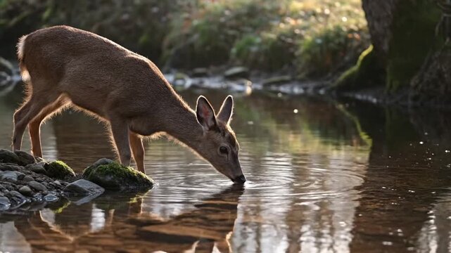 Young deer gently drinking water from a sunlit forest stream, showcasing peaceful wildlife behavior