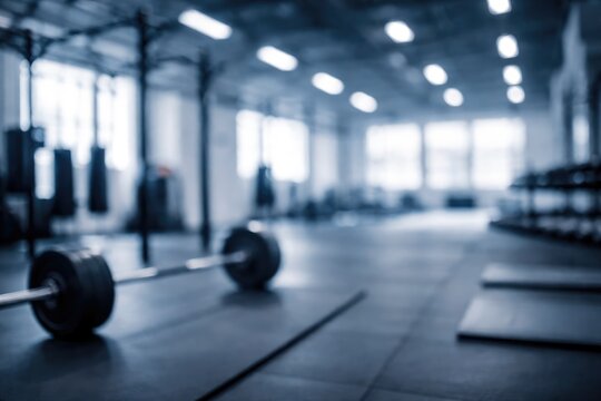 Modern empty gym interior with barbell weights and training equipment