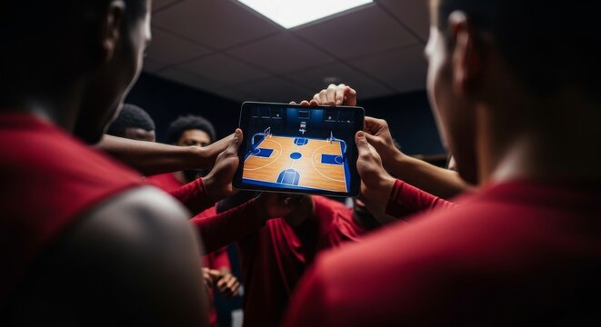 March Madness, Basketball Team Strategy Session Tablet Game Plan